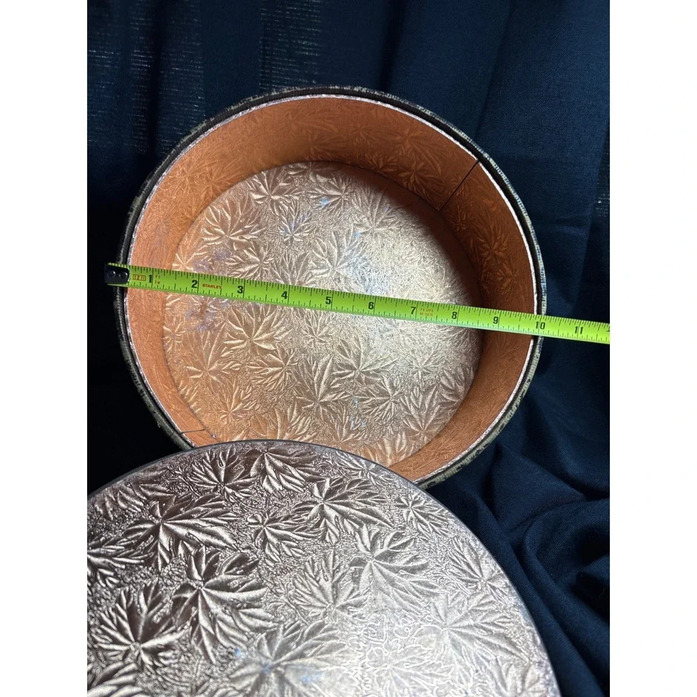 Vintage Style Embossed Brown Gold Round Decorative Box Victorian Floral 10in